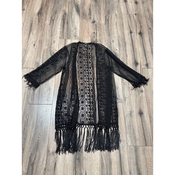 Black Sheer Lace Kimono Whimsy Goth Fairy Boho Festival Jacket Fringe Embroidere - Picture 1 of 6
